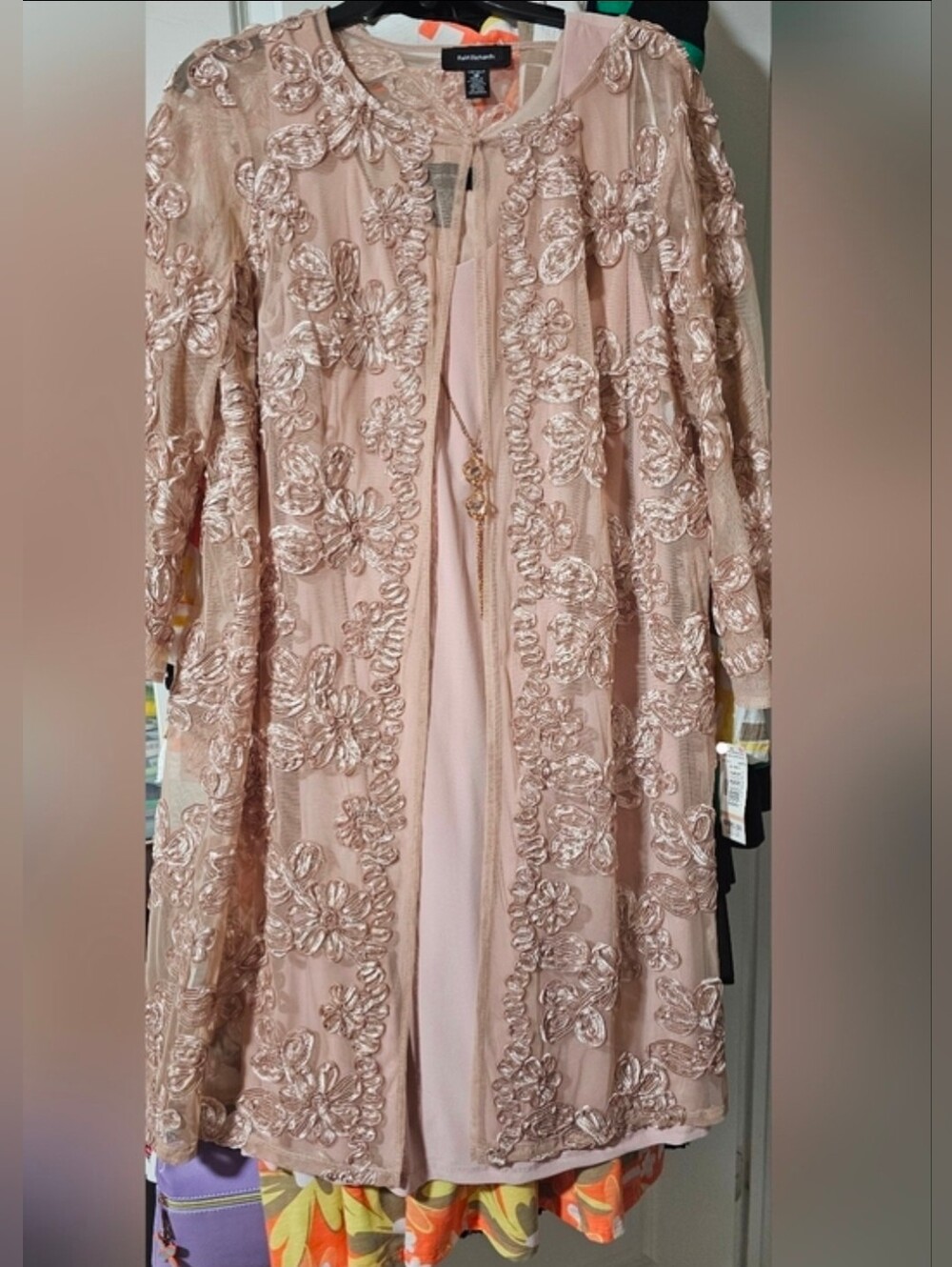 Adrianna Papell Rose Blush Embellished Floral Overlay Jacket